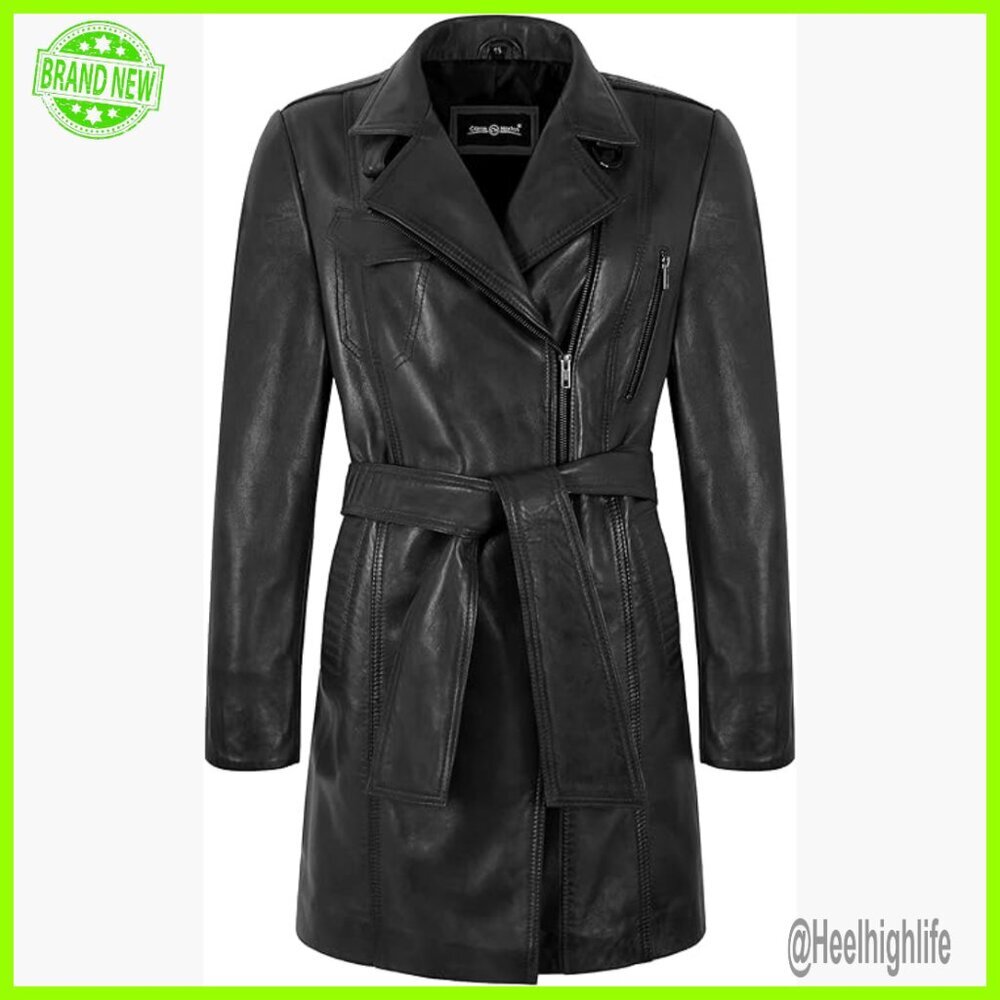 Women's Real Leather Coat Cross Zip Collar 3/4 Length Jacket